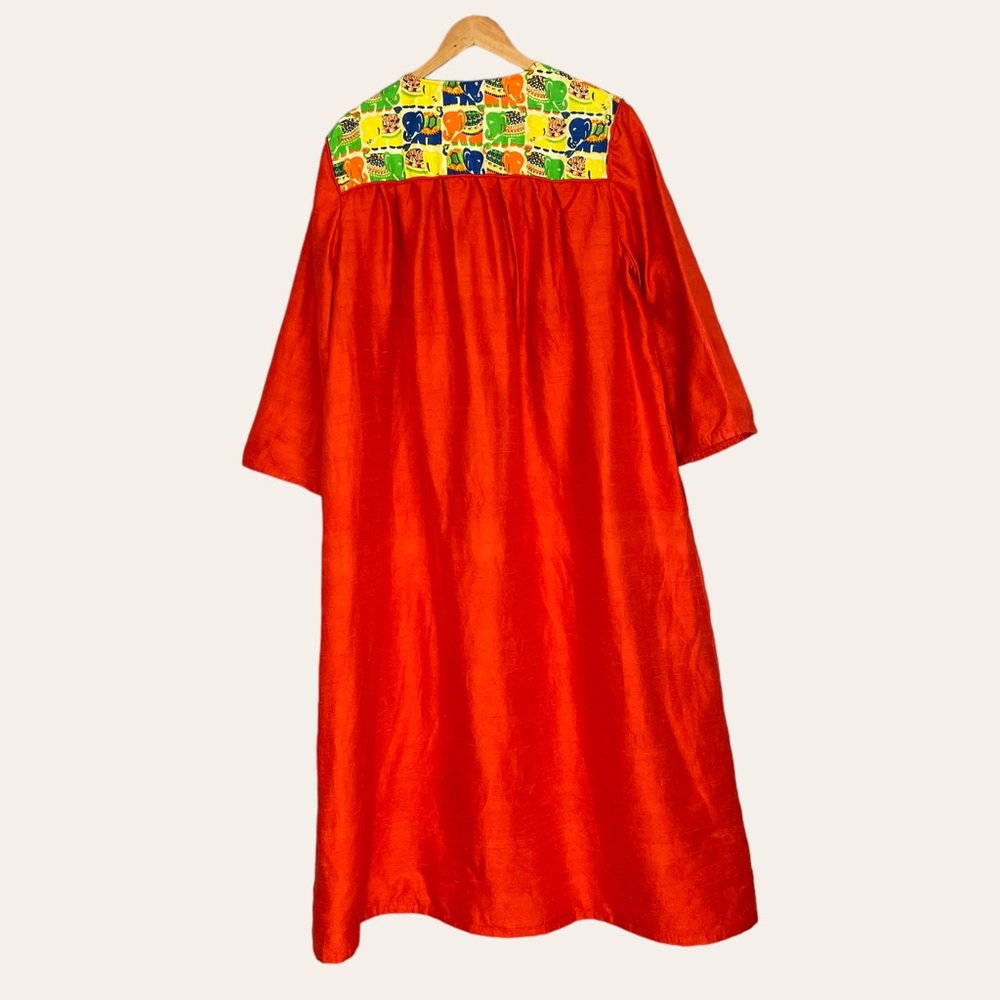 Vintage Caftan Dress Maxi Women‎ Kaftan Muumuu Elephants Reddish Orange Zip-Up - Picture 2 of 15